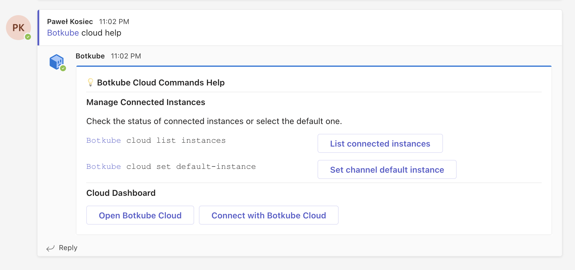 Botkube Cloud Microsoft Teams Command Help